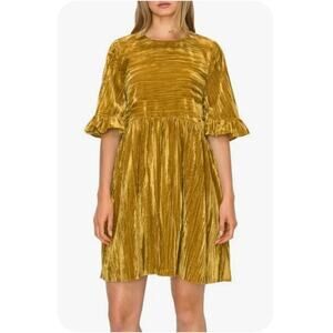 Melloday Ruffle Trim Velvet Mini Dress Elbow Sleeve Yellow Women's Small NWT